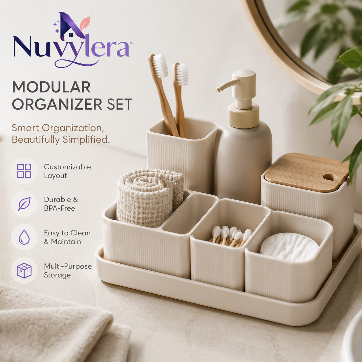 Nuvylera™ Modular Organizer Set – Elegant Bathroom Counter Storage System with Customizable Compartments