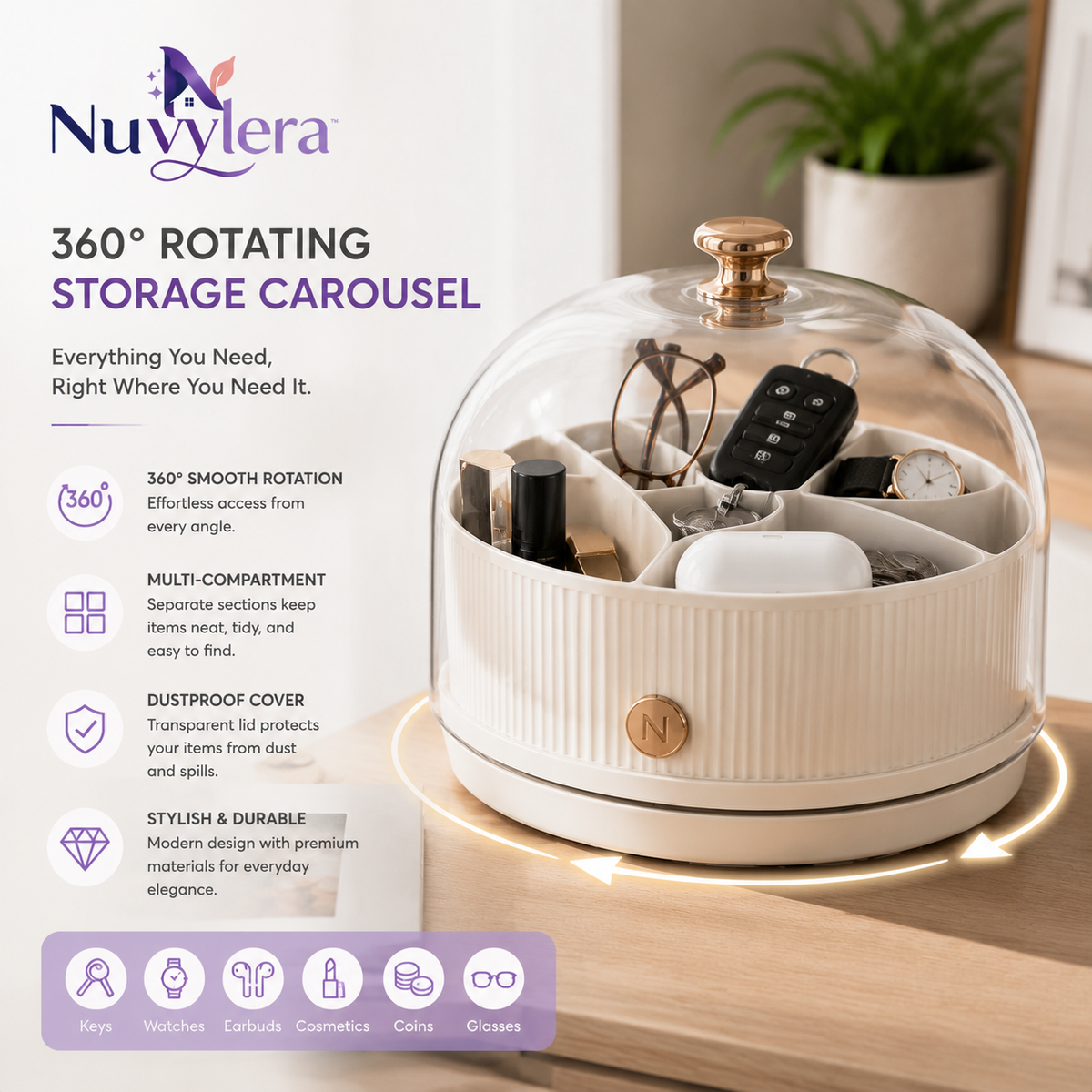 Nuvylera™ 360° Rotating Storage Carousel – Premium Desktop Organizer with Dust-Proof Display Cover