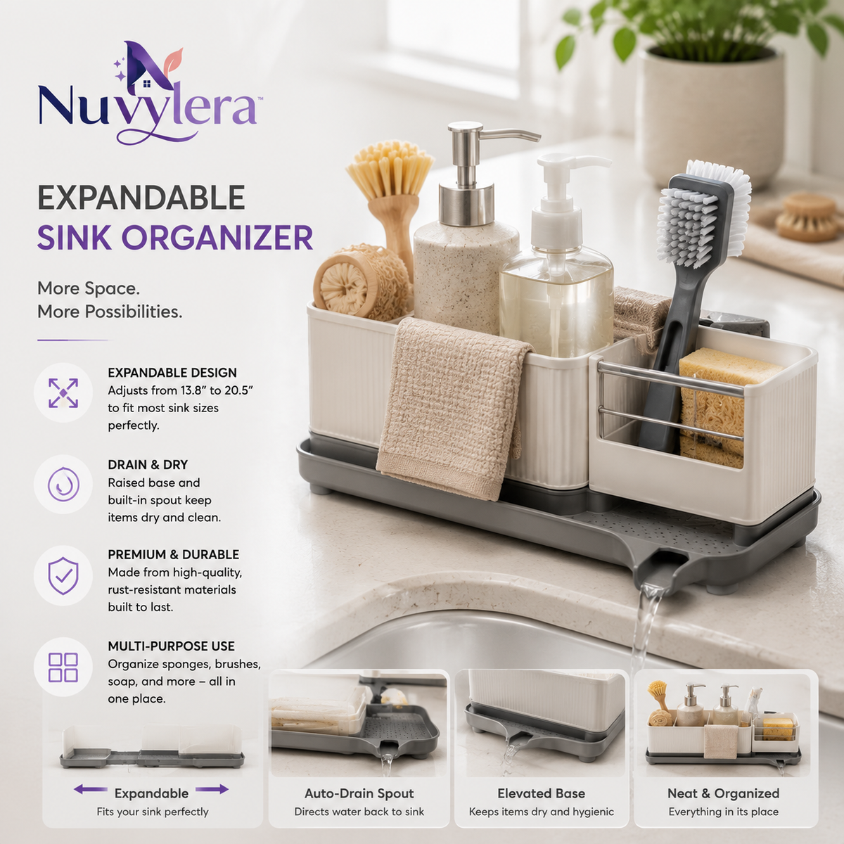 Nuvylera™ Expandable Sink Organizer – Adjustable Kitchen Countertop Storage Rack with Auto-Drain System