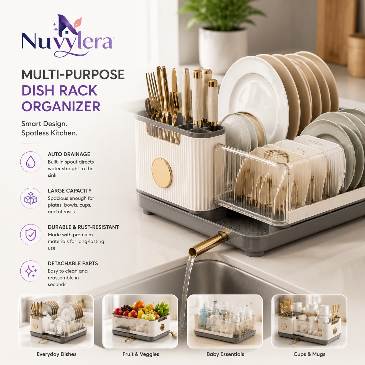 Nuvylera™ Multi-Purpose Dish Rack Organizer – Premium Kitchen Drying Station with Smart Drainage System
