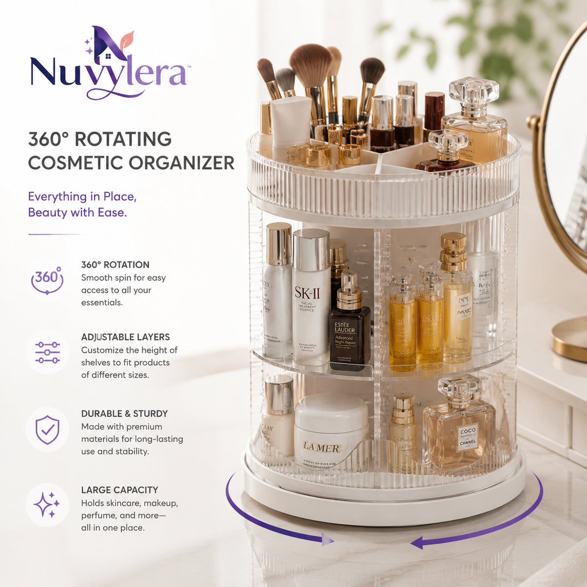 Nuvylera™ 360° Rotating Cosmetic Organizer – Premium Multi-Level Beauty Storage Tower with Adjustable Shelves