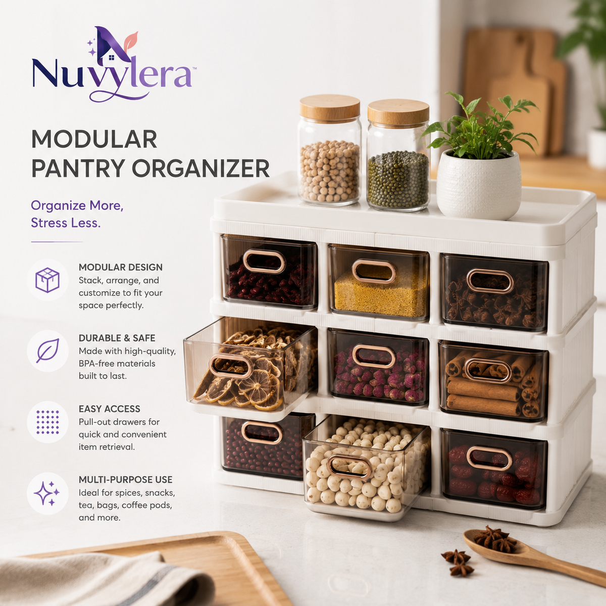Nuvylera™ Modular Pantry Organizer – Stackable Food Storage Drawer System for a Cleaner Kitchen