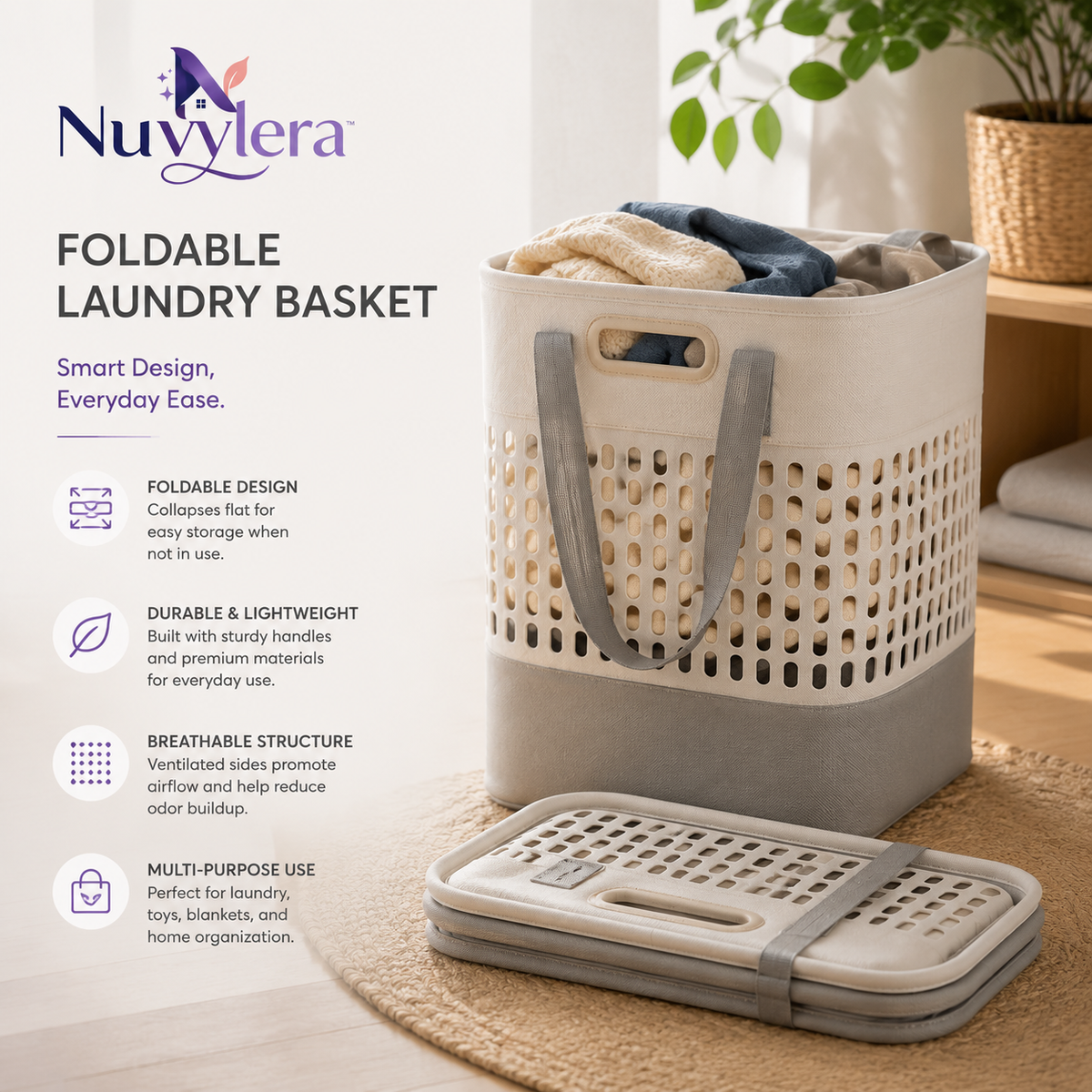 Nuvylera™ Foldable Laundry Basket – Space-Saving Collapsible Hamper with Breathable Storage Design